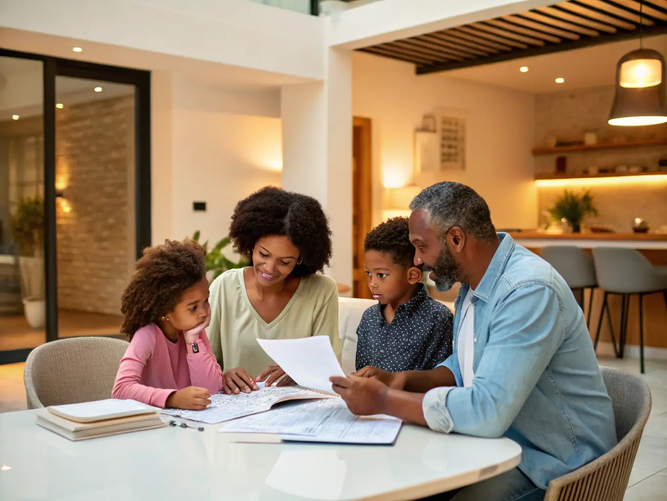 An image depicting a family discussing financial plans with a consultant in a modern South African home, symbolizing wealth management.