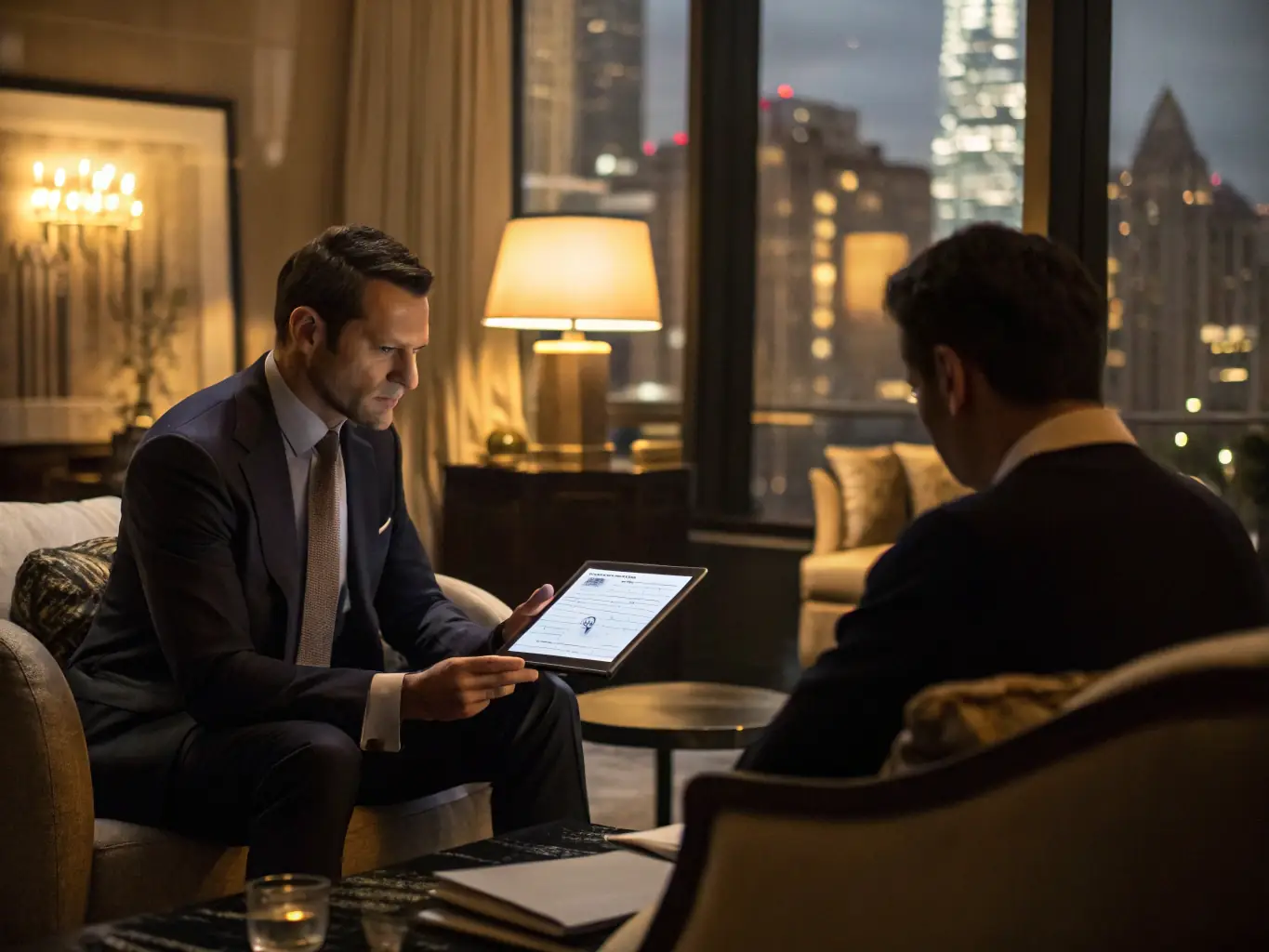 A professional financial advisor analyzing investment charts on a tablet with a South African cityscape in the background, representing hundredapp.uno's investment strategies.