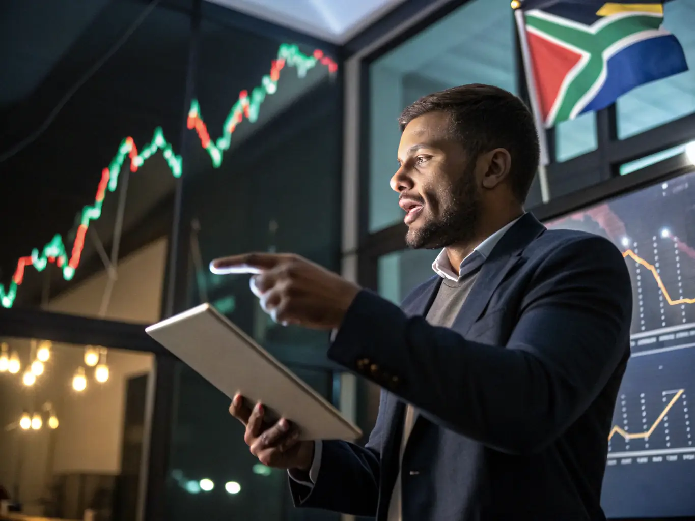 A professional financial advisor analyzing investment charts on a tablet with a South African cityscape in the background, symbolizing strategic investment planning.